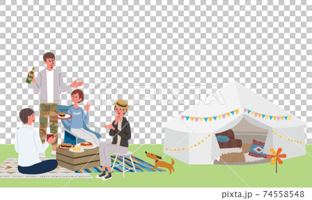 キャンプをする人々のイラスト 横構図 春 夏のイラスト素材