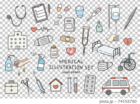 Hand-drawn illustration set (color) related to medical care 74558780