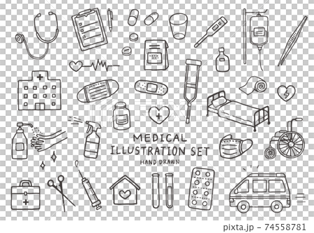 Hand-drawn illustration set related to medical care (monochrome) Hand-drawn illustration set related to medical care (monochrome) 74558781