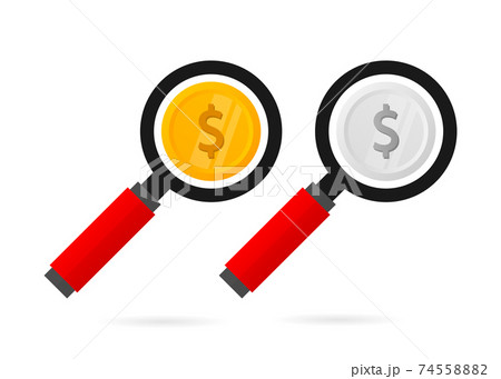 Magnifying glass with gold and silver coins on white background. Business concept. Vector illustration. 74558882