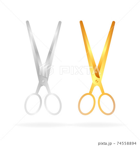 Paper art ribbon with gold and silver realistic scissors on white background. 3d vector. 74558894