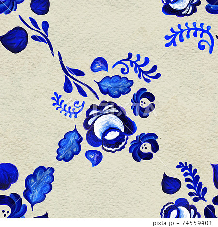 Blue floral seamless pattern in Russian gzhel background Blue floral seamless pattern in Russian gzhel background 74559401
