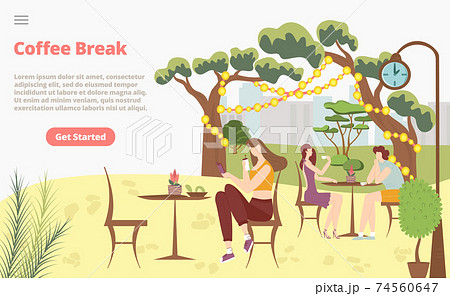 Coffee break morning breakfast concept landing page, character female drink tea rest luncheon meeting group people, cartoon vector illustration. Coffee break morning breakfast concept landing page, character female drink tea rest luncheon meeting group people, cartoon vector illustration. 74560647