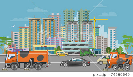 Concept urban cleaning equipment, vehicle sweeper wash city, car machine clean road surface cartoon vector illustration. 74560649