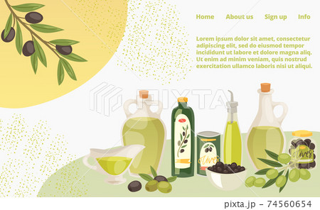 Natural organic olive oil concept landing page, extra virgin bottle butter cartoon vector illustration. Website online banner page. 74560654