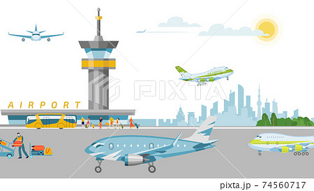 Concept airport banner, work airstrip airfield and terminal flat vector illustration. Take off, landing passenger plane, international airport. 74560717