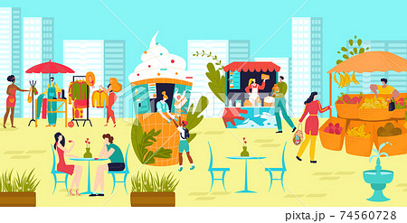 People male female character buy clothes, food street market and stall flat vector illustration. Urban background, city park with outdoor marketplace. 74560728