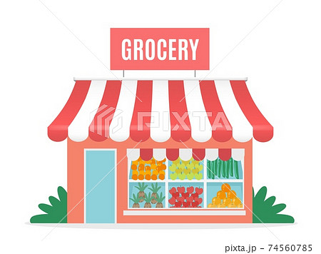 Grocery shop. Cartoon greengrocer store facade. Front view of isolated one-story building with awning and signboard. Place of sale of fruits and vegetables. Vector minimal illustration Grocery shop. Cartoon greengrocer store facade. Front view of isolated one-story building with awning and signboard. Place of sale of fruits and vegetables. Vector minimal illustration 74560785
