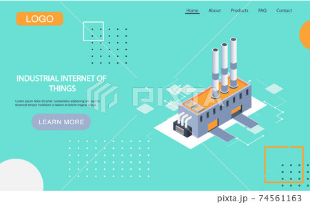 Industrial internet of things landing page template with modern production plant building with pipes 74561163