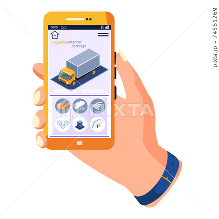 Human hand holding phone with truck and industrial internet of things icons. Road transport services Human hand holding phone with truck and industrial internet of things icons. Road transport services 74561269