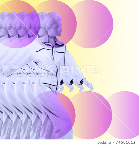 Collage with plaster antique sculpture of human face in a pop art style. Modern creative concept image with ancient statue head. Zine culture. Contemporary art poster. Funky minimalism. Retro design. 74561613