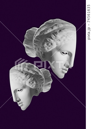 Collage with plaster antique sculpture of human face in a pop art style. Modern creative concept image with ancient statue head. Zine culture. Contemporary art poster. Funky minimalism. Retro design. 74561635