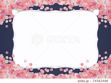レトロな夜桜の背景フレーム ソメイヨシノ 押絵 押花 和柄 和風イメージ 花見のイラスト素材