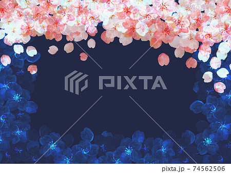 レトロな夜桜の背景素材 ネオンカラー ソメイヨシノ 押絵 押花 和柄 和風イメージ 花見のイラスト素材