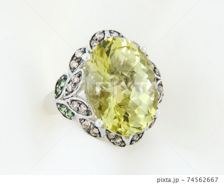 White Gold Ring With Lemon Quartz And Diamonds White Gold Ring With Lemon Quartz And Diamonds 74562667