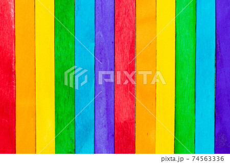 Multi color wood plank use as textured background, frame, decoration with copy space (Concept for rainbow or LGBT) 74563336