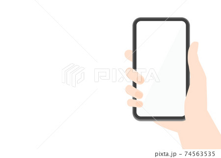 スマートフォンのモックアップ素材 黒いスマホを持つ人の手と白いコピースペース付きの画面のイラスト素材