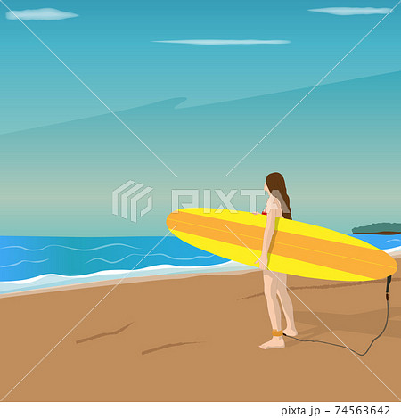 サーフボードを抱えてビーチに立つ水着の女性 海 リゾート サーフィン サーファーのイラスト素材