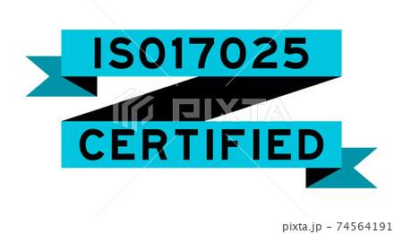 Vintage blue color ribbon banner with word ISO 17025 certified on white background 74564191