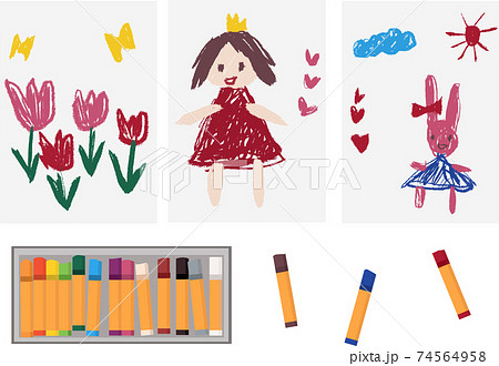 クレヨンで子供が描いたようなお姫様 うさぎ 花の絵のセット 幼稚園や絵画コンクール ステイホームに のイラスト素材