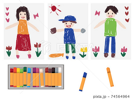 クレヨンで子供が描いたような家族の絵のセット 父 母の日や絵画コンクール ステイホーム等に のイラスト素材