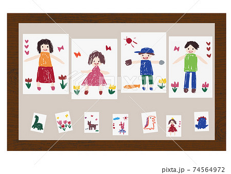 クレヨンで子供が描いたような家族やペット、恐竜やお姫様などの絵をボードに貼り付けた手描きイラスト クレヨンで子供が描いたような家族やペット、恐竜やお姫様などの絵をボードに貼り付けた手描きイラスト 74564972