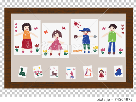 クレヨンで子供が描いたような家族やペット、恐竜やお姫様などの絵をボードに貼り付けた手描きイラスト クレヨンで子供が描いたような家族やペット、恐竜やお姫様などの絵をボードに貼り付けた手描きイラスト 74564972