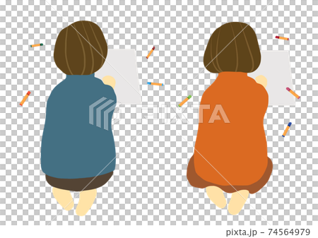 クレヨンで画用紙に絵を描いている様子を後ろから描いた、子供の手描きイラスト(ステイホーム等に) クレヨンで画用紙に絵を描いている様子を後ろから描いた、子供の手描きイラスト(ステイホーム等に) 74564979