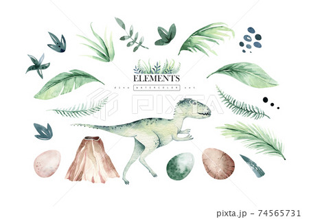 Cute cartoon baby dinosaurs collection watercolor illustration, hand painted dino isolated on a white background for nursery poster decoration. Rex children funny art 74565731
