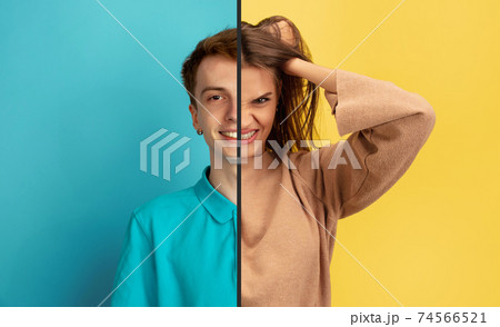Fun and creative combination of portraits of young people with different emotions, various facial expression on splited multicolored background. 74566521