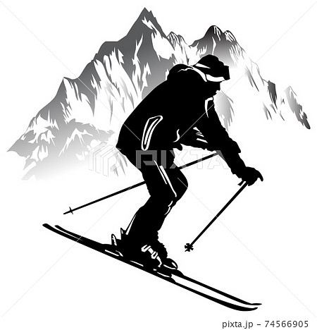 Black and white image of a skier on a background of mountains 74566905