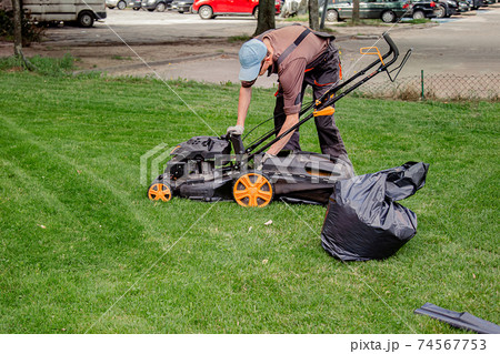 Mowing a household garden lawn with black bag of grass clippings. Mowing a household garden lawn with black bag of grass clippings. 74567753