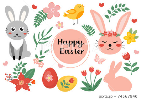 Happy Easter cute set with Easter bunny, rabbit, eggs, flowers. Hello spring set icons, objects. Vector illustration Happy Easter cute set with Easter bunny, rabbit, eggs, flowers. Hello spring set icons, objects. Vector illustration 74567940