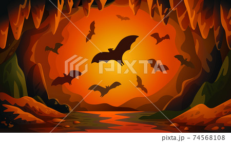 Cave with bats on sunset. Panoramic vector landscape with flying bats and red firelight. Vector illustration in flat cartoon style. Cave with bats on sunset. Panoramic vector landscape with flying bats and red firelight. Vector illustration in flat cartoon style. 74568108