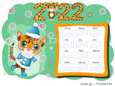 Cute Tiger Wall Calendar Template for 2022, Year of the Tiger, Chinese Calendar, A4. Week starts on Sunday. Cute Tiger Wall Calendar Template for 2022, Year of the Tiger, Chinese Calendar, A4. Week starts on Sunday. 74568394