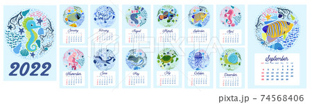 Marine life. calendar design template for 2022, A4 format. Week starts on Sunday. Whale, mermaid, snail, shark, crab, stingray, seahorse, dolphin, octopus, turtle Marine life. calendar design template for 2022, A4 format. Week starts on Sunday. Whale, mermaid, snail, shark, crab, stingray, seahorse, dolphin, octopus, turtle 74568406