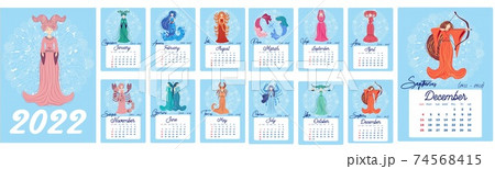 Horoscope vertical calendar for 2022, week starts on Sunday. A4 format. Zodiac signs: capricorn, aquarius, aries, pisces, virgo, libra, scorpio, sagittarius, taurus, gemini, leo. Horoscope vertical calendar for 2022, week starts on Sunday. A4 format. Zodiac signs: capricorn, aquarius, aries, pisces, virgo, libra, scorpio, sagittarius, taurus, gemini, leo. 74568415