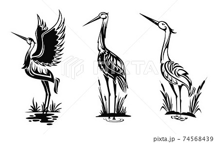 Heron Or Wader Birds Vector Icons, Black Herns - 스톡일러스트 [74568439] - Pixta