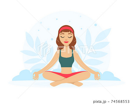 Girl Sitting and Meditating in Yoga Lotus Position with Floral Scenery Vector Illustration Girl Sitting and Meditating in Yoga Lotus Position with Floral Scenery Vector Illustration 74568553