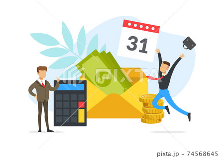 Salary Payment Date or Payday Concept, Happy Young Man Receiving Money or Salary Cartoon Vector Illustration 74568645