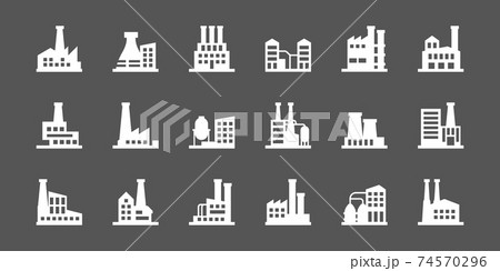 Industrial buildings. Hazzard factory manufacture icons collection power plant garish vector silhouettes Industrial buildings. Hazzard factory manufacture icons collection power plant garish vector silhouettes 74570296