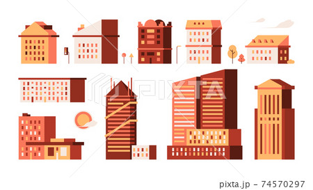Flat houses. Simple urban buildings minimalism style garish vector illustrations town houses home constructions Flat houses. Simple urban buildings minimalism style garish vector illustrations town houses home constructions 74570297
