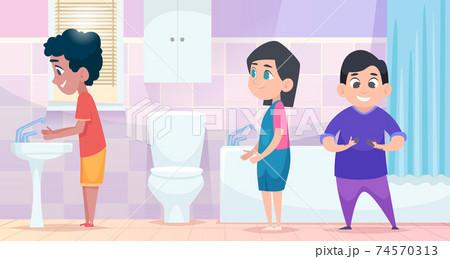 Kindergarten hygiene. Kids standing in waiting line and cleaning hands washing with soap exact vector cartoon background 74570313