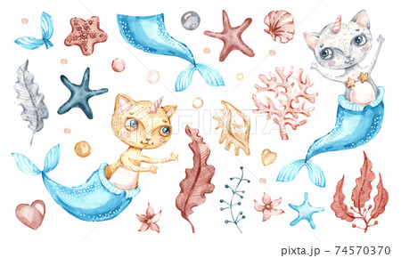 Cat mermaid unicorn Baby cute girl. Watercolor nursery cartoon sea animals, marine magic life. Cat mermaid unicorn Baby cute girl. Watercolor nursery cartoon sea animals, marine magic life. 74570370