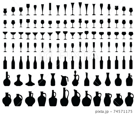 Black silhouettes of glasses, bottles and jugs of wine 74571175