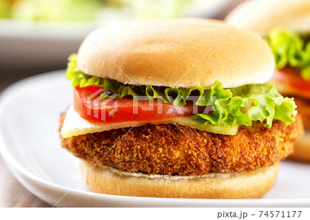Mini Crispy Chicken Burger with Lettuce Tomato and Cheese. Mini Crispy Chicken Burger with Lettuce Tomato and Cheese. 74571177