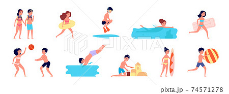 Swimming kids. Cartoon summer children, boy girl playing on beach or pool. Fun sea holidays, isolated happy vacation utter vector characters 74571278