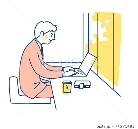 カフェでリモートワークをするビジネスマンのイラスト素材 カフェでリモートワークをするビジネスマンのイラスト素材