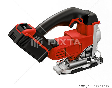 The tool is a red electric jigsaw on a white isolated background. 3d rendering. The tool is a red electric jigsaw on a white isolated background. 3d rendering. 74571715