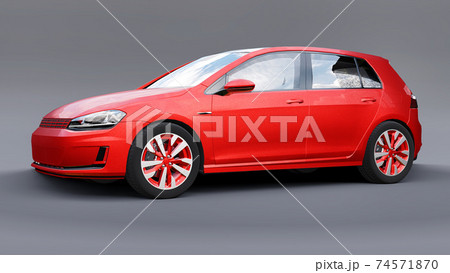 Red small family car hatchback on gray background. 3d rendering. 74571870